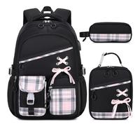 DIGOBAY Backpack for Girls - 3PCS Girls Backpack with Lunch Box & Pencil Pouch Plaid School Backpacks for Elementary Middle High College School Bookbag for Teen Girl Kids Students Blackpink