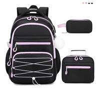 DIGOBAY Backpack with Lunch Box, Pencil Cace, Black-purple, /, Modern