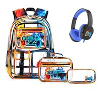 DIGOBAY Clear Backpack with Lunch Box, Pencil Cace, Flame Red-blue, M, Cool