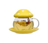 Digoon Mushroom Cup Glass Tea Cup with Lid Tray Strainer Filter Infuser for Loose Leaf Tea Cute Tea Mug in Color Printing Gift Box 11oz (Yellow)