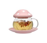 Digoon Mushroom Cup Glass Tea Cup with Lid Tray Strainer Filter Infuser for Loose Leaf Tea Cute Tea Mug in Color Printing Gift Box 11oz (Pink)