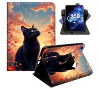 DIGTIALL 360° Rotating Case for iPad mini 1/2/3 7.9", Smart PU Leather Stand Protective Cover with Auto Wake Sleep,Flower Sea Sunset Black Cat