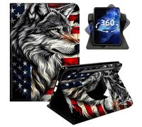 DIGTIALL 360° Rotating Case for Samsung Galaxy Tab A9 2026/2024/A11 8.7" SM-X110/X115/X117, Smart PU Leather Stand Protective Cover with Auto Wake Sleep,Wolf American Flag