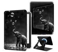 DIGTIALL Black and White Elephant Case for 6" Kindle 11th Gen 2022/2024, 360 Rotating Magnetic Detachable Cover with Hand Strap, Clear Back Auto Sleep/Wake Smart E-Reader Shell