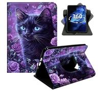 DIGTIALL Black Cat Purple Roses Case for 7" Kindle Paperwhite 12th Gen 2024 & Kindle Colorsoft 2025/2024, 360 Rotating Magnetic Detachable Clear Back Stand Cover with Auto Sleep/Wake
