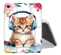 DIGTIALL Clear Case for iPad mini 7 A17 Pro 2024/ iPad mini 6 2021 8.3 Inch with Pencil Holder Folding Y Shape Stand Designed Cover,Auto Wake/Sleep,Cat Listen Music