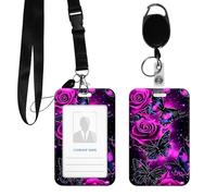 DIGTIALL PC Hard Shell ID Badge Holder, Clear Vertical Name Badge Protector with Durable Neck Lanyard and Metal Spring Hook, Slide-Open Design for Work, Office and IDs,Purple Rose Butterfly