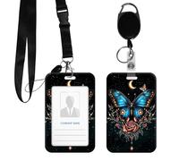 DIGTIALL PC Hard Shell ID Badge Holder, Clear Vertical Name Badge Protector with Durable Neck Lanyard and Metal Spring Hook, Slide-Open Design for Work, Office and IDs,Blue Butterfly