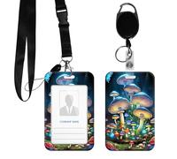 DIGTIALL PC Hard Shell ID Badge Holder, Clear Vertical Name Badge Protector with Durable Neck Lanyard and Metal Spring Hook, Slide-Open Design for Work, Office and IDs,Mushroom Butterfly