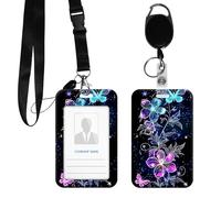 DIGTIALL PC Hard Shell ID Badge Holder, Clear Vertical Name Badge Protector with Durable Neck Lanyard and Metal Spring Hook, Slide-Open Design for Work, Office and IDs,Glowing Flower and Butterfly