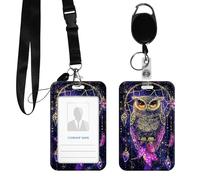 DIGTIALL PC Hard Shell ID Badge Holder, Clear Vertical Name Badge Protector with Durable Neck Lanyard and Metal Spring Hook, Slide-Open Design for Work, Office and IDs,Cute Owl Dream Catcher