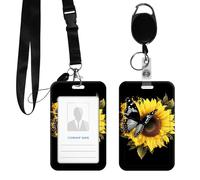 DIGTIALL PC Hard Shell ID Badge Holder, Clear Vertical Name Badge Protector with Durable Neck Lanyard and Metal Spring Hook, Slide-Open Design for Work, Office and IDs,Sunflower Heart Butterfly