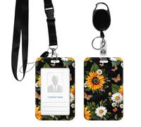 DIGTIALL PC Hard Shell ID Badge Holder, Clear Vertical Name Badge Protector with Durable Neck Lanyard and Metal Spring Hook, Slide-Open Design for Work, Office and IDs,Sunflower and Butterfly