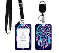 DIGTIALL PC Hard Shell ID Badge Holder, Clear Vertical Name Badge Protector with Durable Neck Lanyard and Metal Spring Hook, Slide-Open Design for Work, Office and IDs,Rainbow Dream Catcher