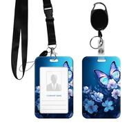 DIGTIALL PC Hard Shell ID Badge Holder, Clear Vertical Name Badge Protector with Durable Neck Lanyard and Metal Spring Hook, Slide-Open Design for Work, Office and IDs,Blue Butterfly Flowers