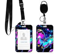 DIGTIALL PC Hard Shell ID Badge Holder, Clear Vertical Name Badge Protector with Durable Neck Lanyard and Metal Spring Hook, Slide-Open Design for Work, Office and IDs,Colorful Butterfly