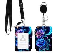 DIGTIALL PU Leather ID Badge Holder with 3 ID Cards Card Slots and Lanyard Badge Holder with Retractable Reel Clips ID Card Holder for Nurse Medical Teacher Student,Blue Roses Moon Stars