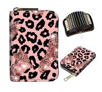 DIGTIALL Slim RFID Blocking Card Holder Small Pocket Mini Card Holder Front Pocket PU Leather Credit Card Organizer with Zipper for Women Men, Leopard with pink glitter, 4.3x3.1" Accordion Wallet Case
