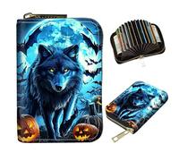 DIGTIALL Slim RFID Blocking Card Holder Small Pocket Wallet Small Mini Card Case Front Pocket PU Leather Credit Card Organizer With Zipper for Women Men, Blue Wolf With Glowing Eyes, 4.3x3.1