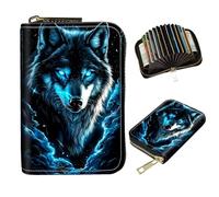 DIGTIALL Slim RFID Blocking Card Holder Small Pocket Wallet Small Mini Card Case Front Pocket PU Leather Credit Card Organizer With Zipper for Women Men, Blue Eyes Wolf, 4.3x3.1" Accordion Wallet Case