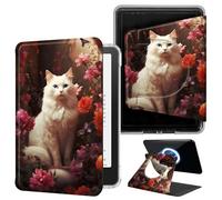 DIGTIALL White Cat Flower Case for 7" Kindle Paperwhite 12th Gen 2024 & Kindle Colorsoft 2025/2024, 360 Rotating Magnetic Detachable Clear Back Stand Cover with Auto Sleep/Wake