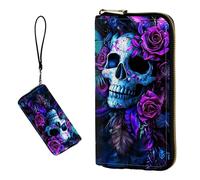 DIGTIALL Women's RFID Blocking Wallet PU Leather Slim Bifold Wristlet Clutch with Large Capacity,16 Card Slots & Zipper Coin Purse Pocket Ladies Travel Purse Wristlet, Purple And Blue Skull