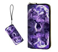 DIGTIALL Women's RFID Blocking Wallet PU Leather Slim Bifold Wristlet Clutch with Large Capacity,16 Card Slots & Zipper Coin Purse Pocket Ladies Travel Purse Wristlet, Two Purple Wolves Kissing