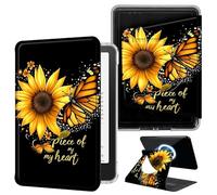 DIGTIALL Yellow Sunflower Butterfly Case for 7" Kindle Paperwhite 12th Gen 2024 & Colorsoft 2025/2024 with Hand Strap,Magnetic Detachable 360 Rotating Cover,Clear Back Auto Sleep/Wake Shell