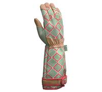 DIGZ Rose Pruning Vegan Leather Garden Gloves, Long Forearm Protective Cuff with Touchscreen Compatible Finger Tips, Red Geometric Pattern, Large