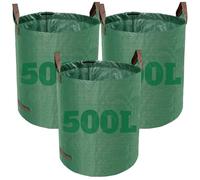 Dihl 500 Litre Heavy Duty Garden Waste Bags, Reusable Rubbish Sacks with Upper and Side Handles, 80cm ø x 100 cm, Green, Woven Polypropylene (Pack of 3)