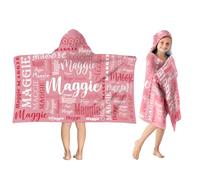 Dihope Custom Hooded Poncho Towels for Kids, Personalised Microfibre Beach Towel with Name, Swimming Bath Towels Changing Robe Quick Dry Sand Free Lightweight for Boys Girls (Pink Text)