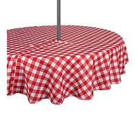DII 100% Polyester, Spill Proof, Machine Washable, Tablecloth for Outdoor Use with Umbrella Covered Tables, Red Check, Seats 4 People, 60" Round-Zippered
