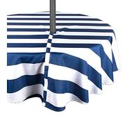 DII Cabana Stripe Outdoor Tabletop Collection, Stain/Wrinkle Resistant & Waterproof, 60" Round Zipper Tablecloth, Nautical Blue