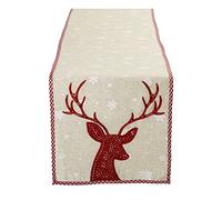 DII Holiday Decorative Table Runner Red Reindeer Embroidered, 14x70