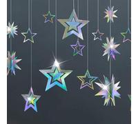 DiiWmme 15Pcs 3D Holographic Star Garland Kit with 5.5ft Hanging Streamer for Birthday, Wedding, Baby Shower, Ramadan, EID and Holiday Party Decorations (Star)