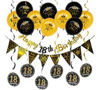 DiiWmme 18th Birthday Decorations Black Gold,10 Balloons, Banner and Swirls 18 Year Old Party Supplies for Boys Girls, Reusable Birthday Party Decor (18th-black)