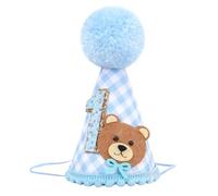 DiiWmme 1st Birthday Hat, Adorable Bear Checkered Pattern Cozy Cone Hat, Perfect First Birthday Photo Prop Crown for Baby Boys and Girls, Adjustable Elastic Cord for Comfortable Fit (Blue)