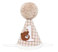DiiWmme 1st Birthday Hat, Adorable Bear Checkered Pattern Cozy Cone Hat, Perfect First Birthday Photo Prop Crown for Baby Boys and Girls, Adjustable Elastic Cord for Comfortable Fit (Brown)