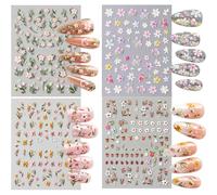 DiiWmme 3D Flower Nail Stickers, 4 Sheets Self-Adhesive Floral Nail Art Stickers for DIY Nail Art Design Accessories