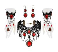 DiiWmme 3Pcs Chocker Gothic Necklace Collar Gothic Vampire Necklace Bracelet and Earings Set for Women with Red Rhinestone Halloween Vampire Costume Jewelery Set for Girls Halloween Costume Party