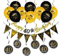 DiiWmme 40th Birthday Decoration Banner Black Gold,Happy 40th Birthday Banner for Women and Men, 40th Party Decorations with Bunting, Balloons, Swirls (40th-black)
