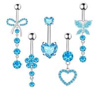 DiiWmme 5 Pcs Dangly Belly Button Bars, 14G Stainless Steel Navel Piercing Jewelry with Flower, Heart, Butterfly Designs for Women Girls (Blue)