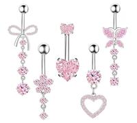 DiiWmme 5 Pcs Dangly Belly Button Bars, 14G Stainless Steel Navel Piercing Jewelry with Flower, Heart, Butterfly Designs for Women Girls (Pink)