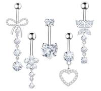 DiiWmme 5 Pcs Dangly Belly Button Bars, 14G Stainless Steel Navel Piercing Jewelry with Flower, Heart, Butterfly Designs for Women Girls (Silver)