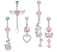 DiiWmme 5 Pcs Dangly Belly Button Bars Set, Pink Stainless Steel Belly Bars with Flower Butterfly Heart, Navel Piercing Jewelry with Heart, Butterfly Designs, 14G Belly Rings for Women Girls (Pink)