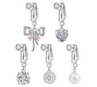 DiiWmme 5 Pcs Stainless Steel Fake Belly Button Rings, Non-Piercing Clip-On Belly Jewelry with Heart and Butterfly Pendant, Fake Belly Piercing Alternative for Girls (Silver)