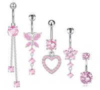 DiiWmme 5Pcs silver dangly belly button bars butterfly heart flower stainless steel 5.1/3.8/4.7/4/2.1cm extra long Gold belly button bars hypoallergenic body Piercing Jewelry for Women (pink)