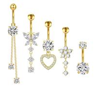 DiiWmme 5Pcs silver dangly belly button bars butterfly heart flower stainless steel 5.1/3.8/4.7/4/2.1cm extra long Gold belly button bars hypoallergenic body Piercing Jewelry for Women