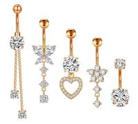 DiiWmme 5Pcs silver dangly belly button bars butterfly heart flower stainless steel 5.1/3.8/4.7/4/2.1cm extra long Gold belly button bars hypoallergenic body Piercing Jewelry for Women (rose gold)
