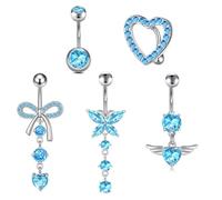 DiiWmme 5Pcs Stainless Steel Belly Button Bars Set, Dangly Belly Rings, Navel Piercing Jewelry with Blue Heart and Bow Designs for Women Girls (Blue)